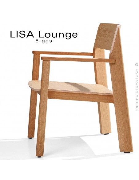Fauteuil lounge design LISA, structure 4 pieds en bois de Chêne, assise multiplis cintré, vernis incolore.