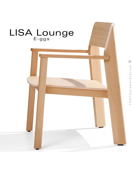 Fauteuil lounge design LISA, structure 4 pieds en bois de Frêne, assise multiplis cintré, vernis incolore.