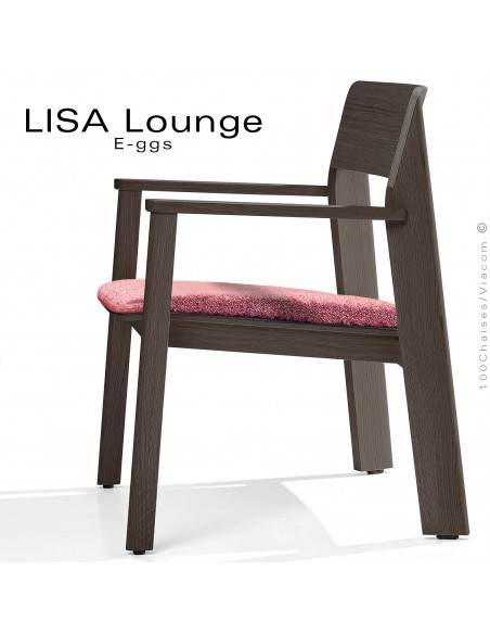 Fauteuil lounge design LISA, structure 4 pieds en bois de Chêne foncé, assise multiplis cintré, avec coussin.