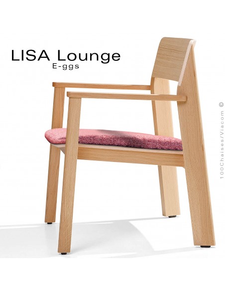 Fauteuil lounge design LISA, structure 4 pieds en bois de Frêne, assise multiplis cintré, vernis incolore. Avec coussin.