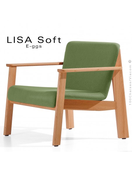 Fauteuil lounge design LISA-SOFT, 4 pieds bois de Chêne, assise habillage tissu vert.