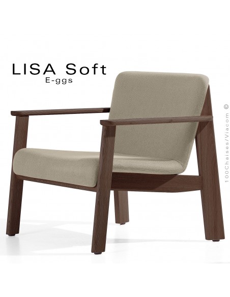 Fauteuil lounge design LISA-SOFT, 4 pieds bois de Chêne foncé, assise habillage tissu gris Tourterelle.