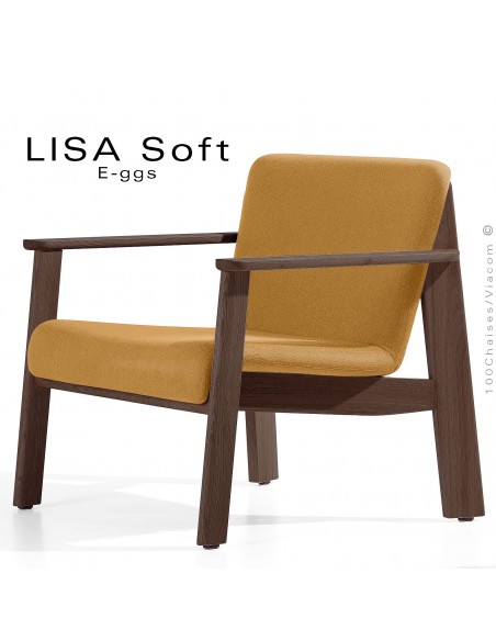 Fauteuil lounge design LISA-SOFT, 4 pieds bois de Chêne foncé, assise habillage tissu orange.