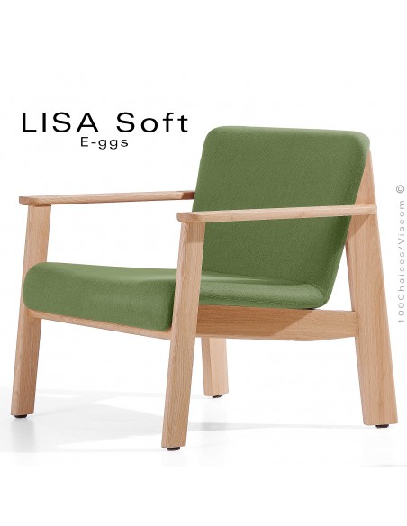 Fauteuil lounge design LISA-SOFT, 4 pieds bois de Frêne, assise habillage tissu vert.