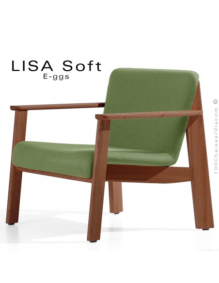 Fauteuil lounge design LISA-SOFT, 4 pieds bois de Noyer, assise habillage tissu vert.