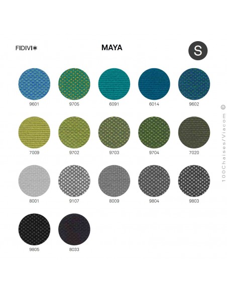 Palette couleur tissu gamme MAYA du fabricant FIDIVI, composition 100% Polyester Trevira CS.