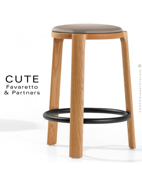 Tabouret de cuisine CUTE, structure Chêne massif vernis, assise garnie, habillage tissu couleur gris Tourterelle.