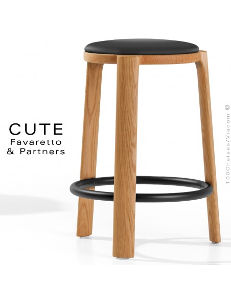 Tabouret de cuisine CUTE, structure Chêne massif vernis, assise garnie, habillage tissu couleur noir pour intérieur.