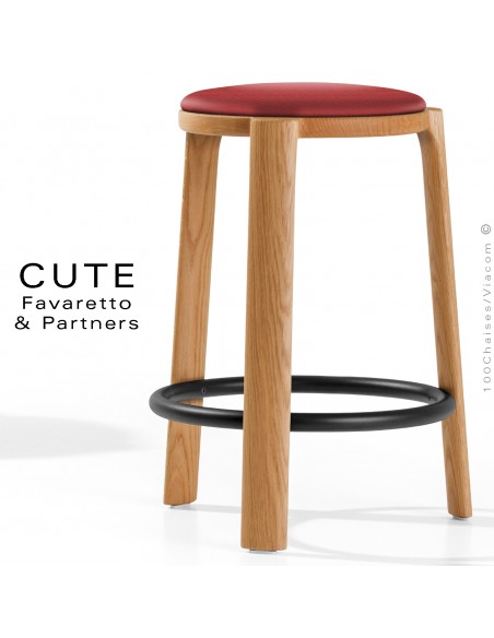 Tabouret de cuisine CUTE, structure Chêne massif vernis, assise garnie, habillage tissu couleur rouge pour intérieur.