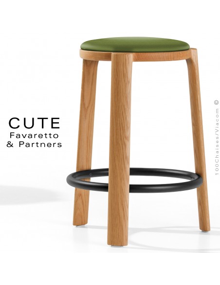 Tabouret de cuisine CUTE, structure Chêne massif vernis, assise garnie, habillage tissu couleur vert pour intérieur.