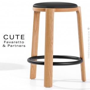 Tabouret de cuisine CUTE, structure Frêne vernis naturel, assise garnie, habillage tissu couleur noir pour intérieur.
