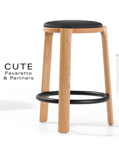 Tabouret de cuisine CUTE, structure Frêne vernis naturel, assise garnie, habillage tissu couleur noir pour intérieur.