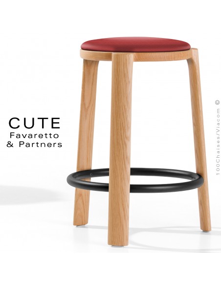 Tabouret de cuisine CUTE, structure Frêne vernis naturel, assise garnie, habillage tissu couleur rouge pour intérieur.
