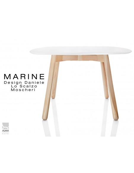 MARINE table carrée piétement 4 pieds finition naturel - Plateau blanc.