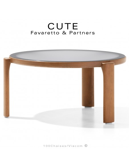 Table basse design CUTE, structure bois massif de Chêne vernis naturel, plateau verre dépoli extra-blanc.