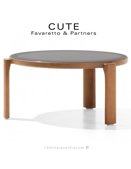 Table basse design CUTE, structure bois massif de Chêne vernis naturel, plateau verre dépoli gris.