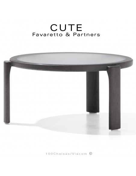 Table basse design CUTE, structure bois massif de Chêne vernis foncé, plateau verre dépoli extra-blanc.