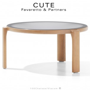 Table basse design CUTE, structure bois massif de Frêne vernis naturel, plateau verre dépoli extra-blanc.