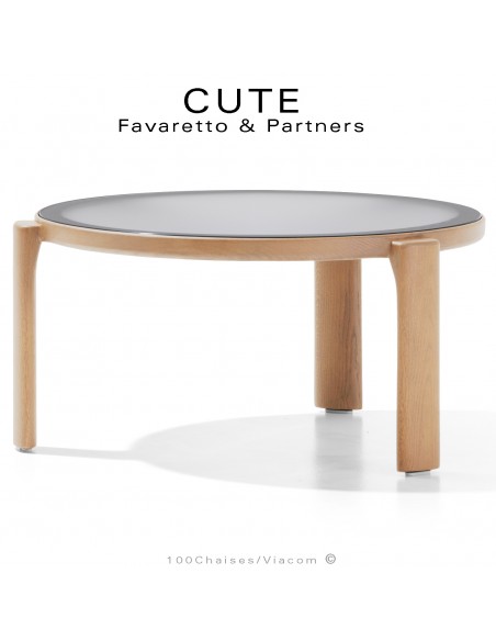 Table basse design CUTE, structure bois massif de Frêne vernis naturel, plateau verre dépoli extra-blanc.