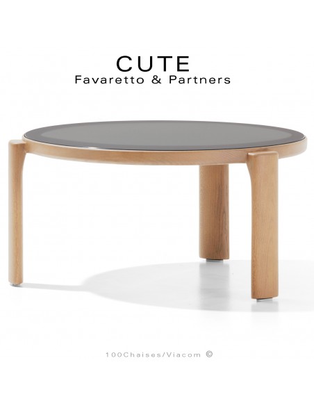Table basse design CUTE, structure bois massif de Frêne vernis naturel, plateau verre dépoli gris.