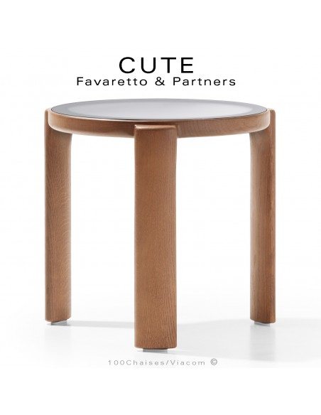 Petite table basse ronde design CUTE, structure bois massif de Chêne vernis, plateau verre dépoli blanc.