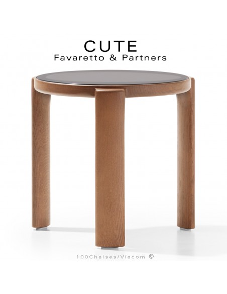 Petite table basse ronde design CUTE, structure bois massif de Chêne vernis, plateau verre dépoli gris.