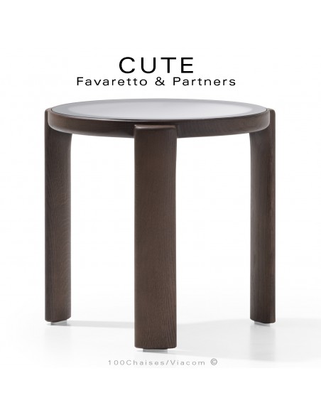 Petite table basse ronde design CUTE, structure bois massif de Chêne foncé vernis, plateau verre dépoli blanc.