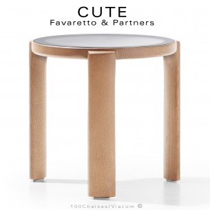 Petite table basse ronde design CUTE, structure bois massif de Frêne vernis, plateau verre dépoli blanc.