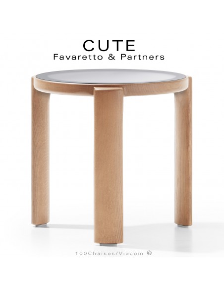 Petite table basse ronde design CUTE, structure bois massif de Frêne vernis, plateau verre dépoli blanc.