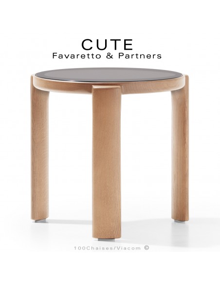 Petite table basse ronde design CUTE, structure bois massif de Frêne vernis, plateau verre dépoli gris.