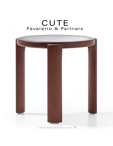 Petite table basse ronde design CUTE, structure bois massif de Noyer vernis, plateau verre dépoli blanc.