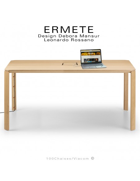 Grande table repas ou bureau rectangulaire ERMETE, pieds bois massif Chêne vernis, plateau placage Chêne avec prises.