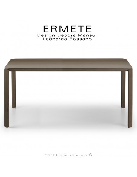 Grande table repas ou bureau rectangulaire ERMETE, pieds bois massif Chêne foncé, plateau placage Chêne foncé.