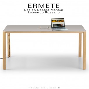 Grande table ou bureau rectangulaire ERMETE, pieds en bois de Chêne, plateau HPL couleur gris-argent avec prises.