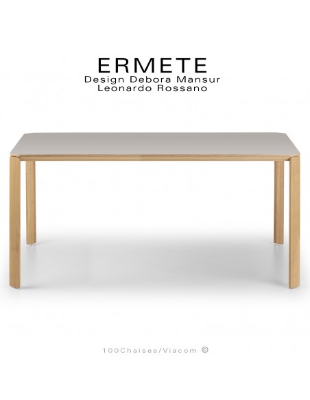 Grande table ou bureau rectangulaire ERMETE, pieds en bois de Chêne vernis, plateau stratifié HPL couleur gris-argent.