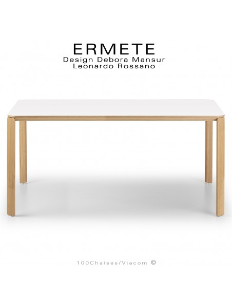 Grande table ou bureau rectangulaire ERMETE, pieds en bois de Chêne vernis, plateau stratifié HPL couleur blanc