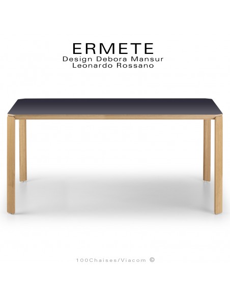 Grande table ou bureau rectangulaire ERMETE, pieds en bois de Chêne vernis, plateau stratifié HPL couleur noir.