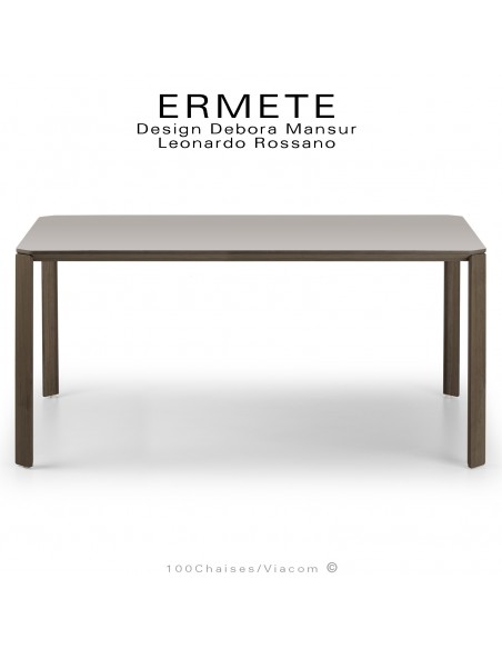 Grande table ou bureau rectangulaire ERMETE, pieds en bois de Chêne foncé, plateau stratifié HPL couleur gris-argent.