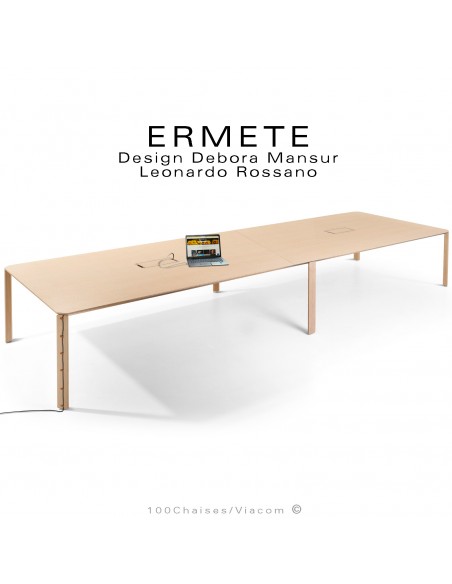 Grande table de réunion ou travail rectangulaire ERMETE, pieds bois massif de Chêne vernis, plateau placage chêne avec PC.