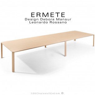 Grande table de réunion ou travail rectangulaire ERMETE, pieds bois massif de Chêne vernis, plateau placage chêne vernis.