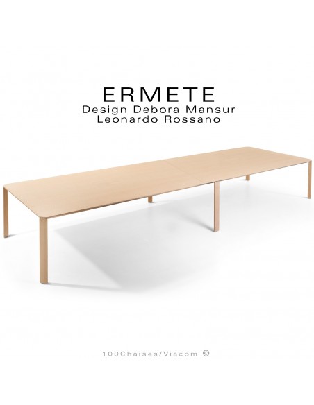 Grande table de réunion ou travail rectangulaire ERMETE, pieds bois massif de Chêne vernis, plateau placage chêne vernis.