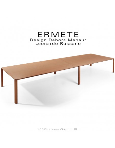 Grande table de réunion ou travail rectangulaire ERMETE, pieds bois massif de Noyer vernis, plateau placage Noyer.