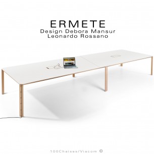Grande table de réunion ou travail rectangulaire ERMETE, pieds bois massif de Chêne, plateau HPL blanc + prises + USB + RJ45.