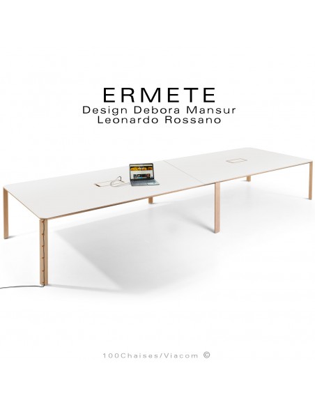 Grande table de réunion ou travail rectangulaire ERMETE, pieds bois massif de Chêne, plateau HPL blanc + prises + USB + RJ45.