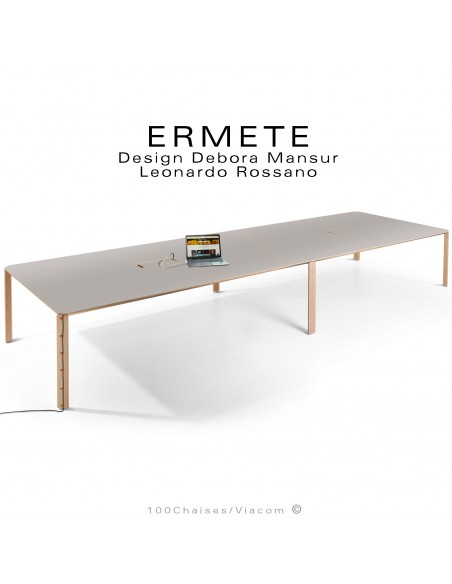 Grande table de réunion ou travail rectangulaire ERMETE, pieds bois massif de Chêne, plateau HPL gris + prises + USB + RJ45.