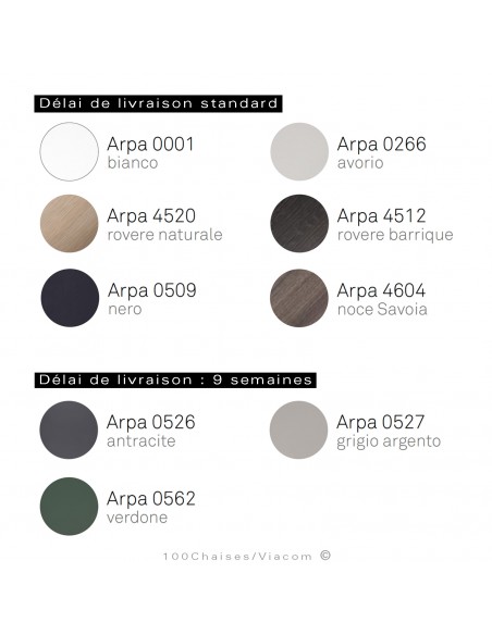 Palette couleurs unis ou aspect matières stratifié HPL, pour plateau table ERMETE, rectangulaire bureau ou de travail.