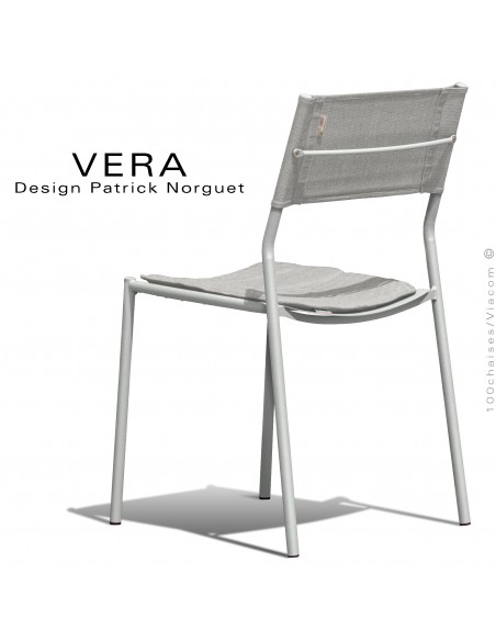 Chaise repas d'extérieur VERA, structure acier galvanisé peint blanc perle, dossier tissu technique Batyline gris Tourterelle.