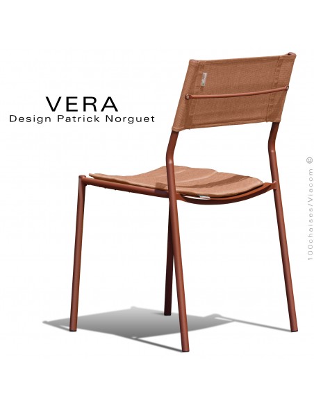 Chaise repas d'extérieur VERA, structure acier galvanisé peint Terracotta, dossier tissu technique Batyline orange / ocre.