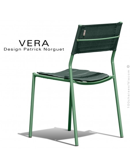 Chaise repas d'extérieur VERA, structure acier galvanisé peint vert clair, dossier tissu technique Batyline vert foncé.