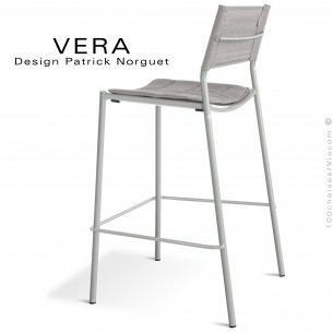 Tabouret de bar d'extérieur VERA, structure acier galvanisé peint blanc perle, dossier tissu Batyline Tourterelle avec coussin.
